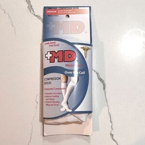 MD+ | Unisex Women's Men's Diabetes Compression Socks Over the Calf White Size M